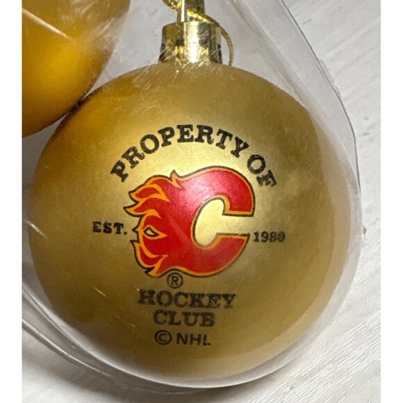 Calgary Flames Hockey Club Gold Christmas Ball Ornament Set Candy Cane Packaging - Picture 2 of 4
